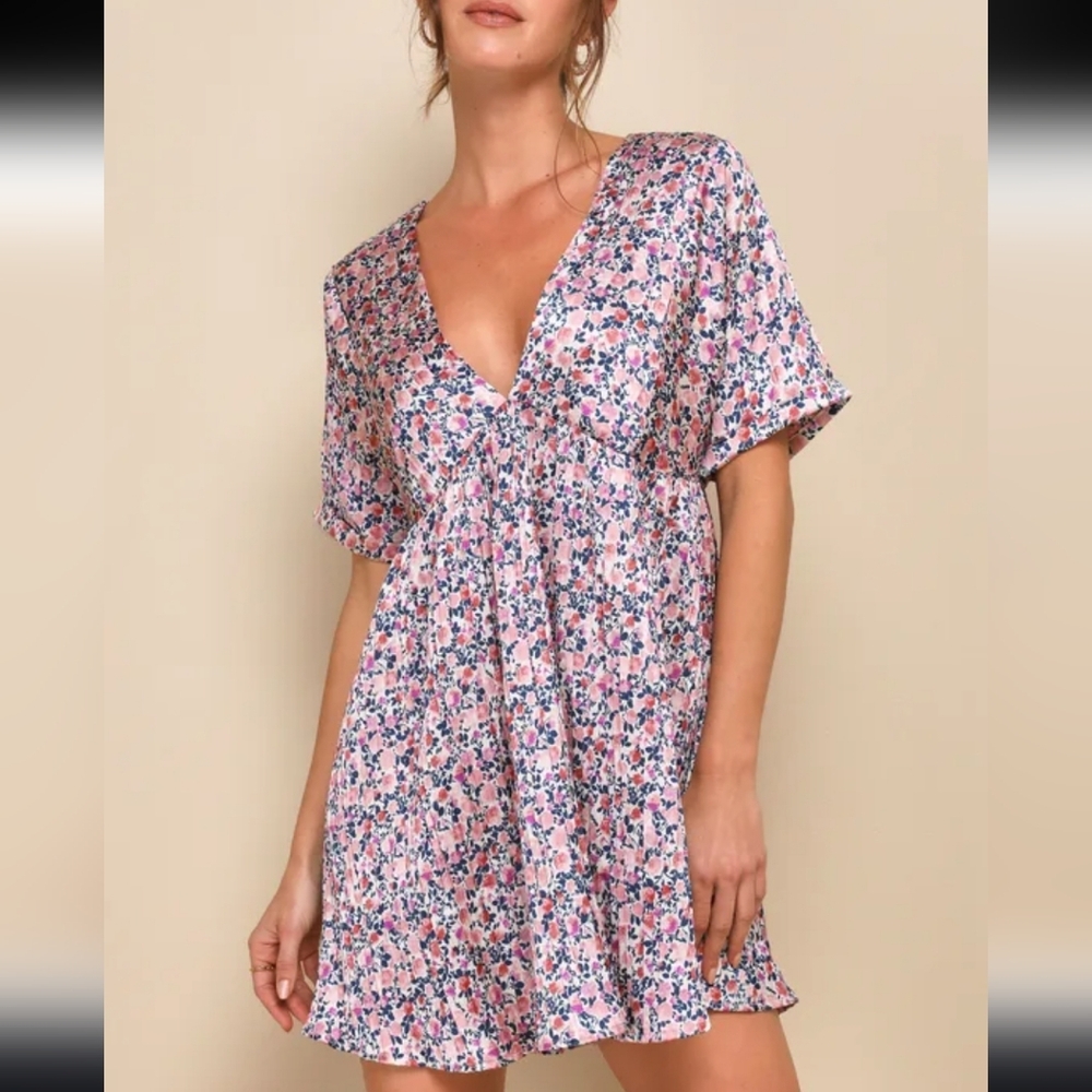 Lulu's Express Yourself Blush Pink Floral Print Satin Babydoll Dress